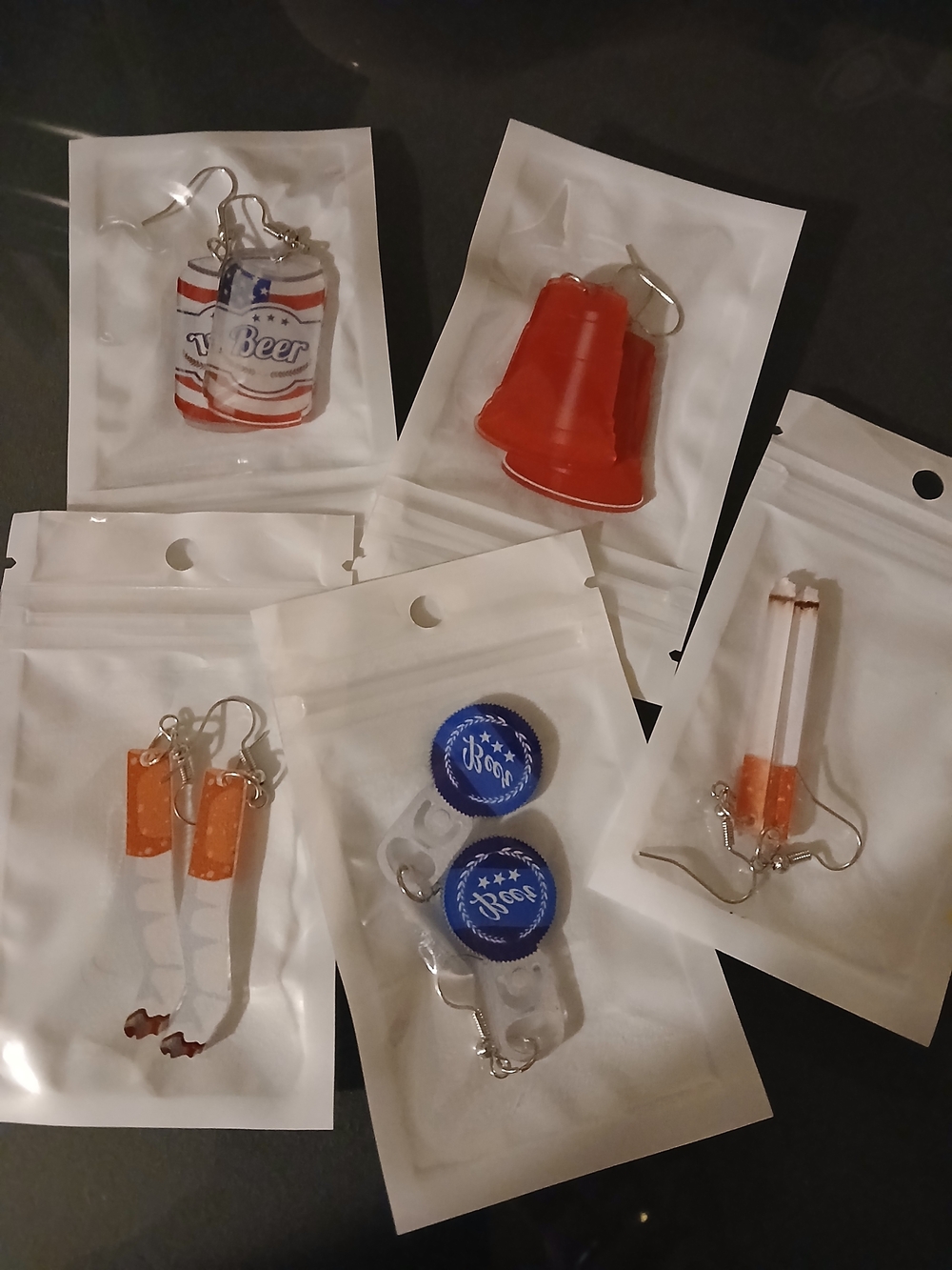 Novelty Beer & Party Earrings - Red, Blue, Orange